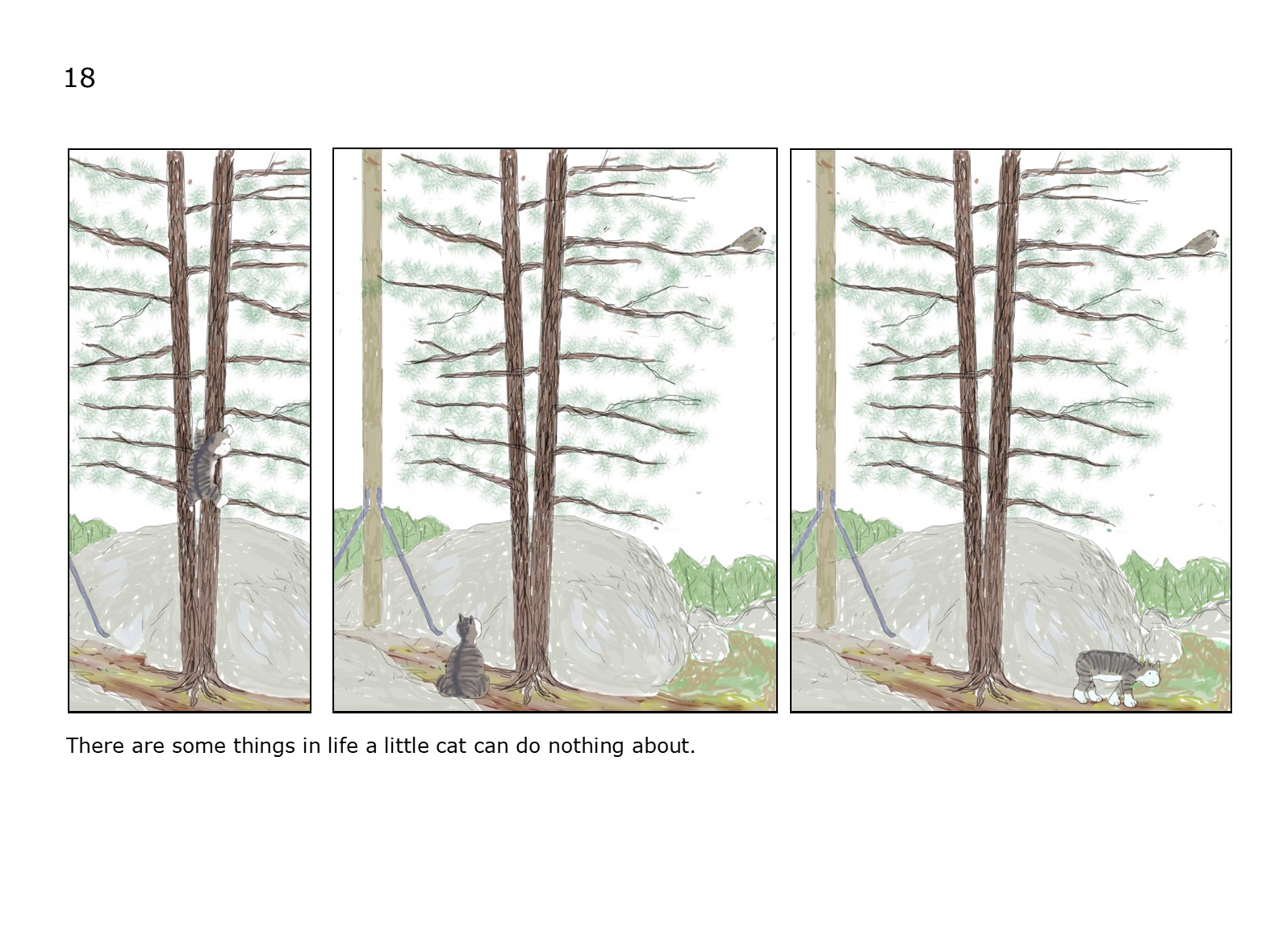 cat chasing bird in tree